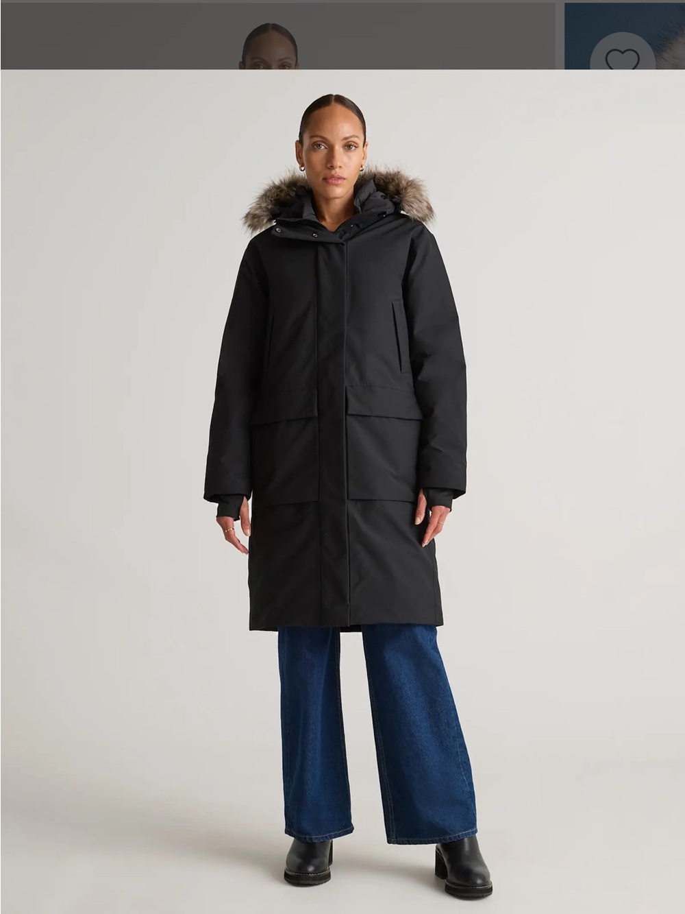 Quince Black Long Puffer Parka with Faux Fur Hood